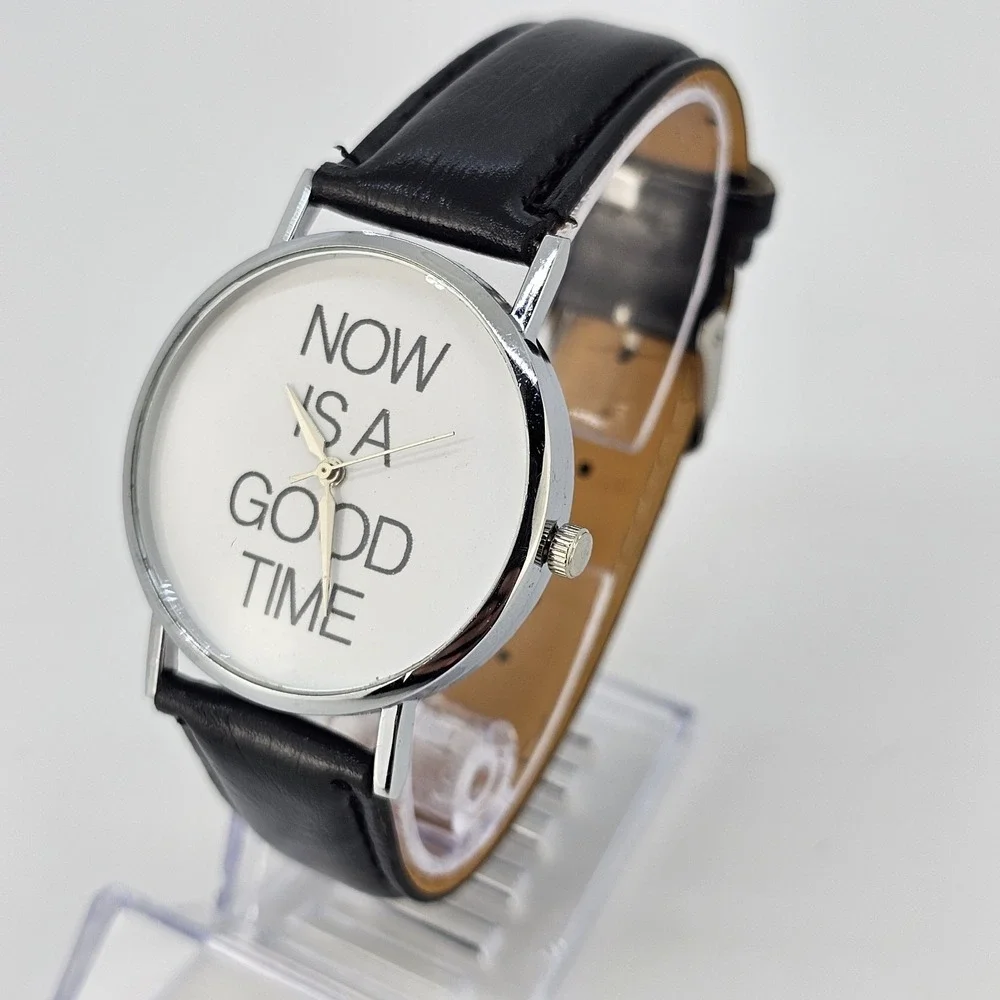Now Is A Good Time Women's Watch 38MM White Dial Black Leather Bands NEW Battery